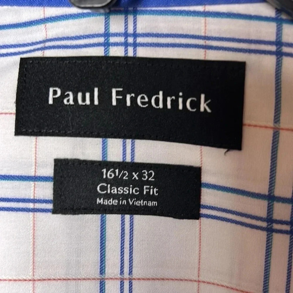 PAUL FREDRICK,  shirt, men 16.5”. White, blue,plaid,2 ply cotton shirt, button - Picture 6 of 17
